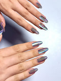 Reusable aurora rainbow chrome press on nails, medium almond shape, holographic mirror finish, no salon damage easy application