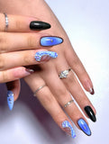 Y2K Siren's Tear Press On Nails, Blue Black Ocean Themed Almond Fake Nails with Rhinestone Accents, Reusable False Nails for Women, Perfect for Summer & Parties