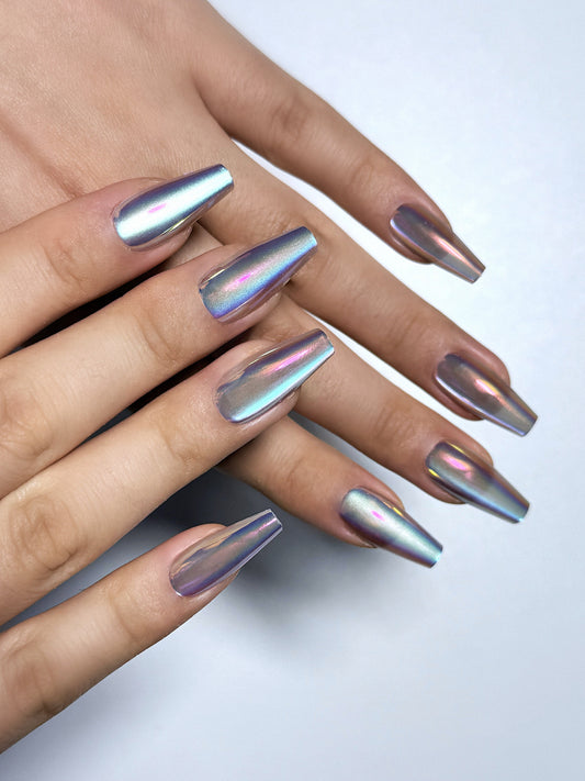 Metallic rainbow chrome press on nails, medium length square shape, holographic mirror finish false nails for party festival vacation