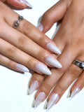 White Chrome Cat Eye Press On Nails, Glossy Milky White Almond Fake Nails, Shiny Reusable False Nails for Daily Wear, Weddings & Parties