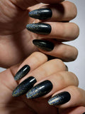 Black ombre silver glitter press on nails, medium almond nails for daily use and party