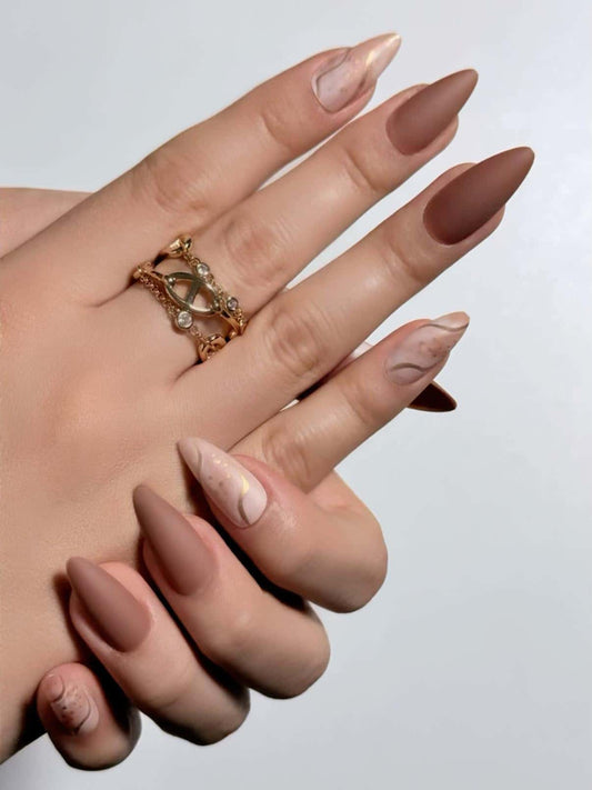Warm brown nude press on nails with abstract gold line art, neutral tone minimalist nails for work and daily use, medium almond